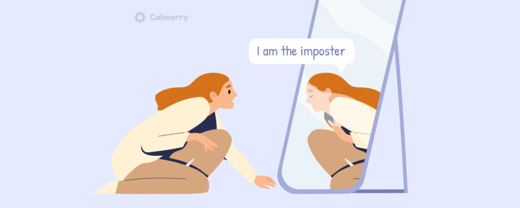 A woman watching her reflection in the mirror, who says "I am the imposter."