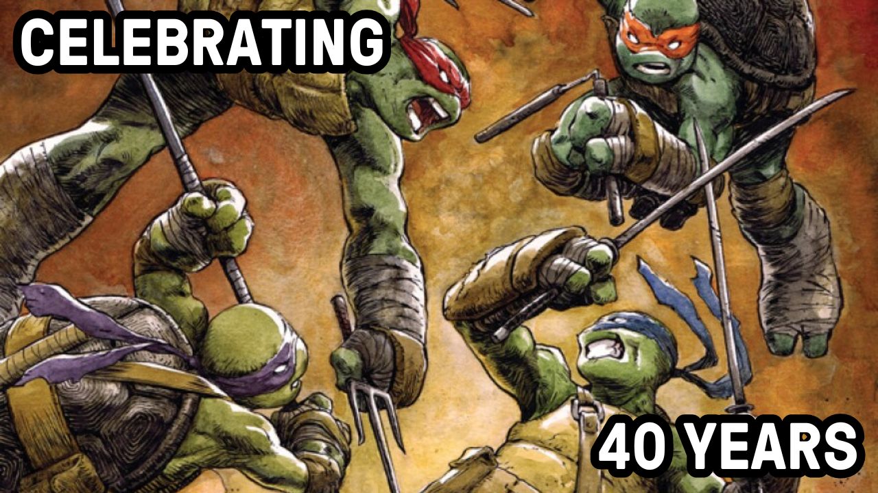 The Teenage Mutant Ninja Turtles in action with their weapons out.