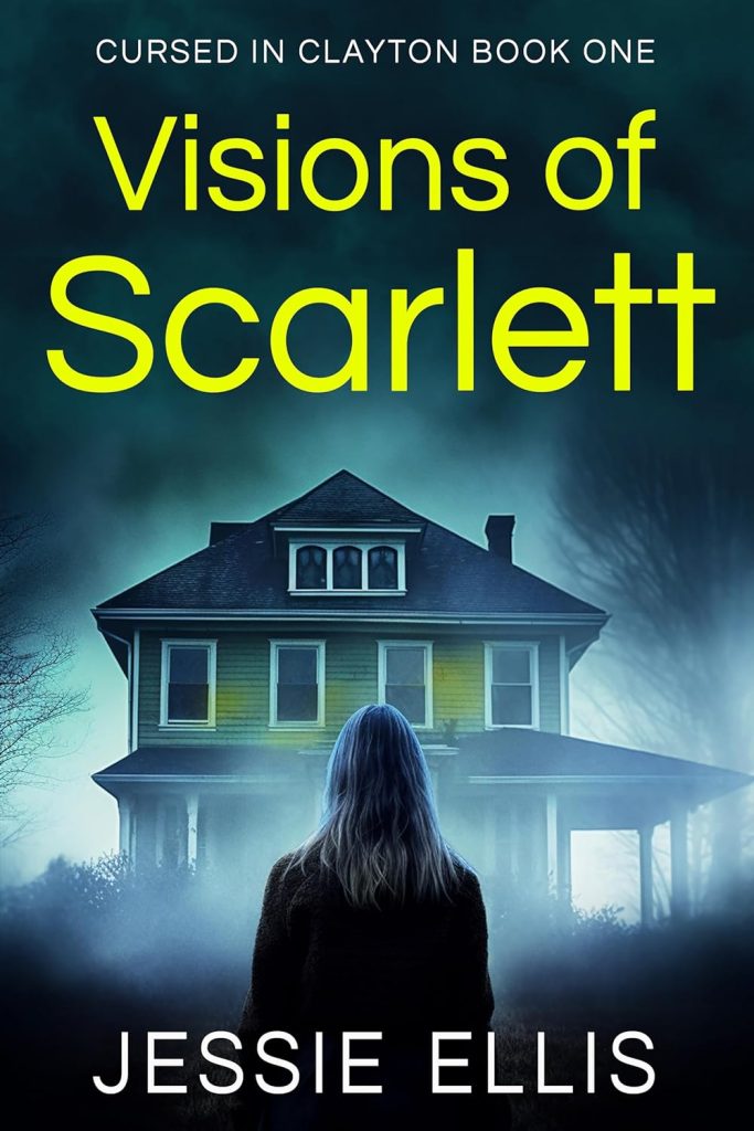 Visions of scarlett book cover, woman standing in front of a house