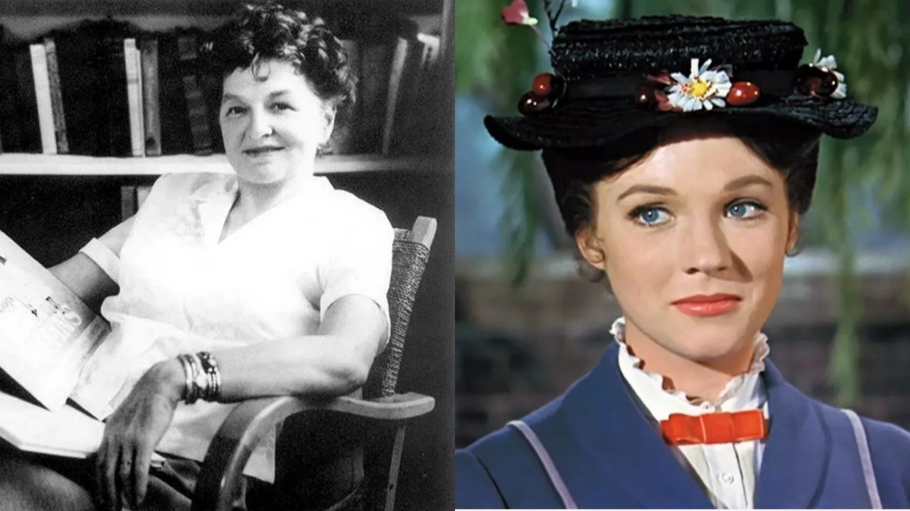 Author P.L. Travers side by side with a still of Julie Andrews as Mary Poppins in 1964 Disney film "Mary Poppins."
