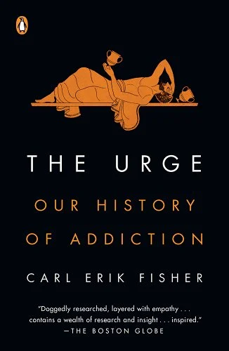 Black cover of The Urge by Carl Erik Fisher. The image at the top is that of an old greek drawing of a man holding a glass of wine and laying down on a table.