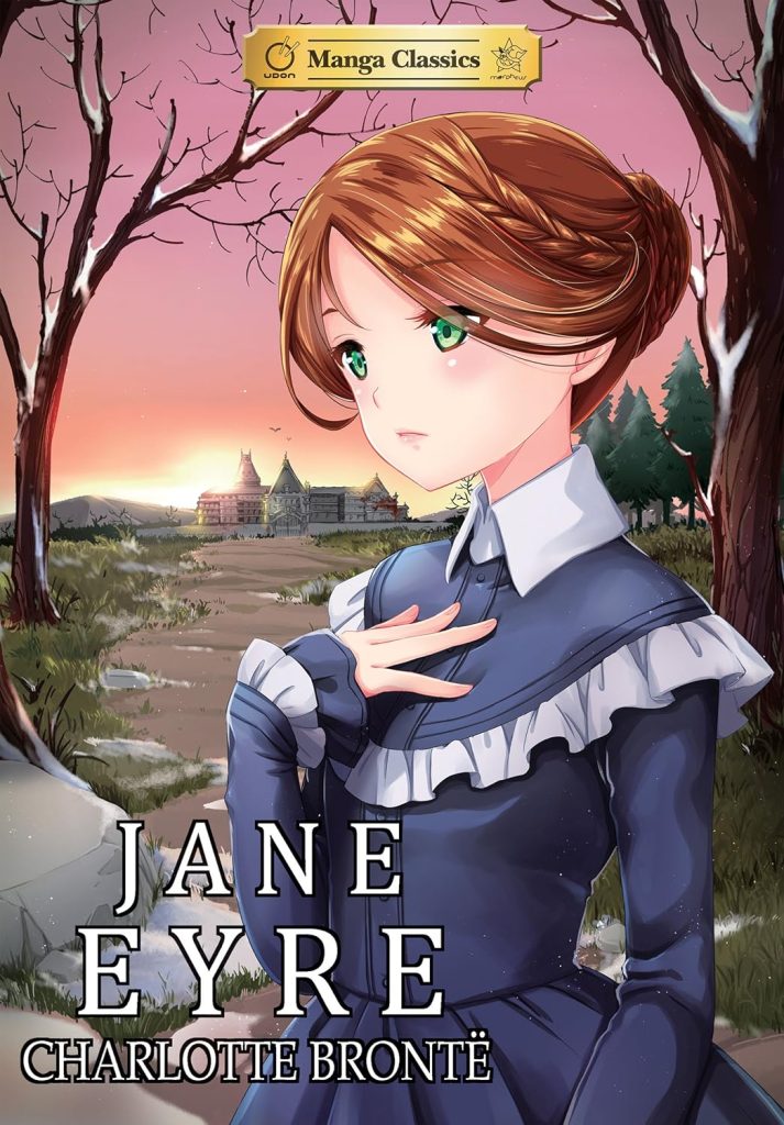 'Jane Eyre' by Charlotte Brontë, Crystal S. Chan, and SunNeko Lee manga cover showing Jane with Thornfield Manor in the background.