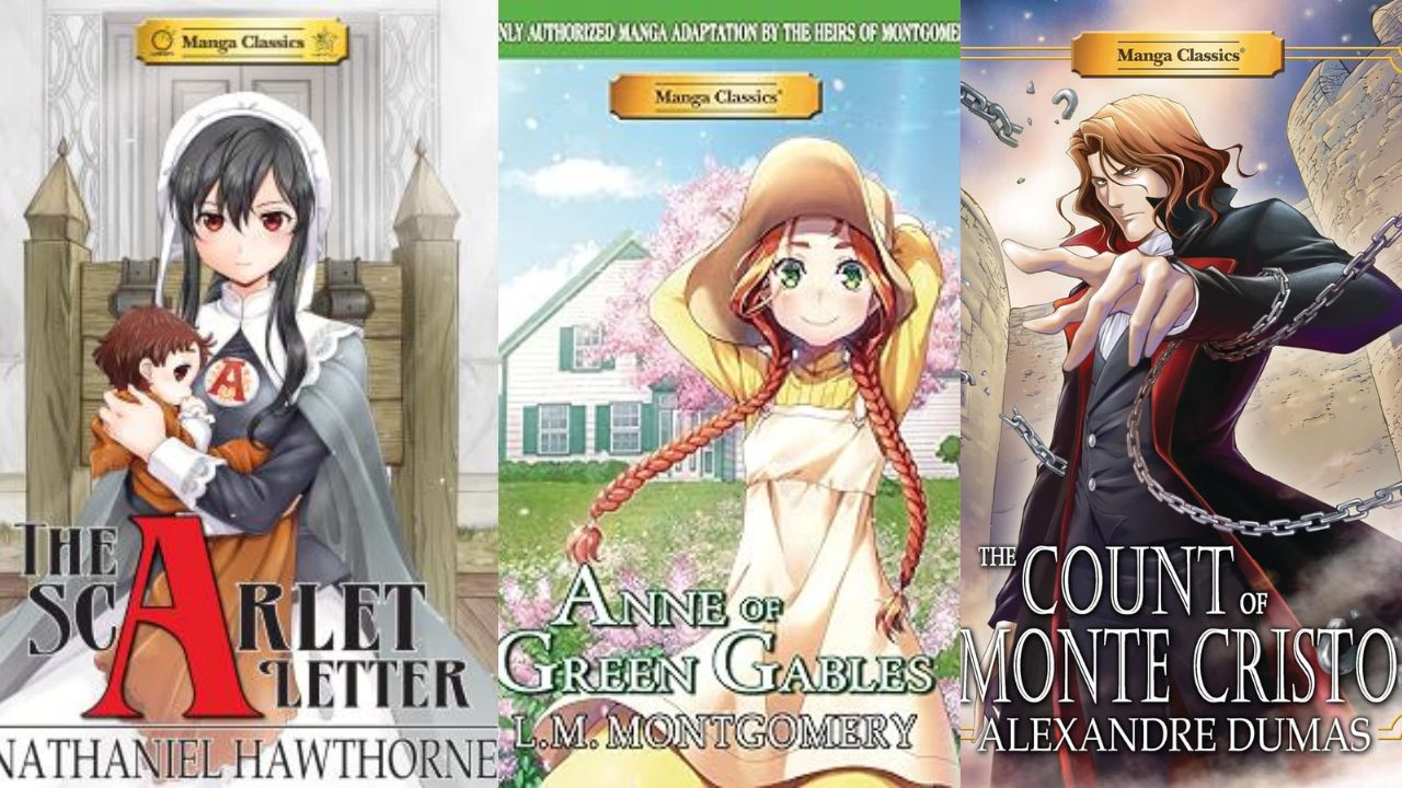 Manga covers of 'The Scarlet Letter,' 'Anne of Green Gables,' and 'The Count of Monte Cristo.'
