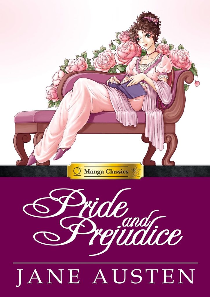 'Pride and Prejudice' by Jane Austen, Stacy King, and Po Tse manga cover showing Elizabeth lounging on a chaise