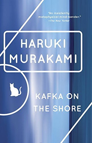 'Kafka on the Shore' book cover with a blue background and a small white cat