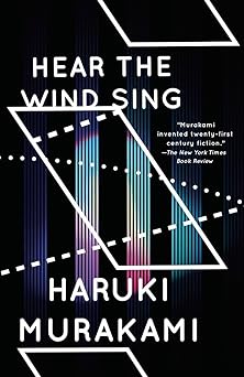 'Hear the Wind Sing' book cover with a dark blue background with bars of color and rhombuses