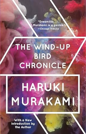 'The Wind-Up Bird Chronicle' book cover showing red, pink, yellow, and blue clouds