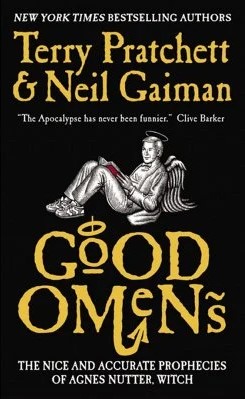 An angel sits against a black background in the center of the cover with an open book and halo above their head. "Good Omens" is written in yellow text at the bottom of the cover with "Terry Pratchett" and "Neil Gaiman" in yellow at the top.