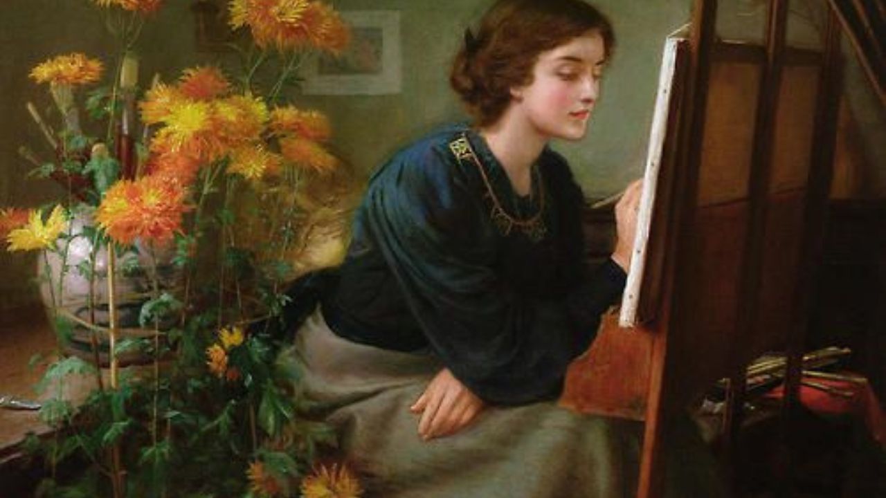 A painting of Anne Brontë sitting and painting next to flowers