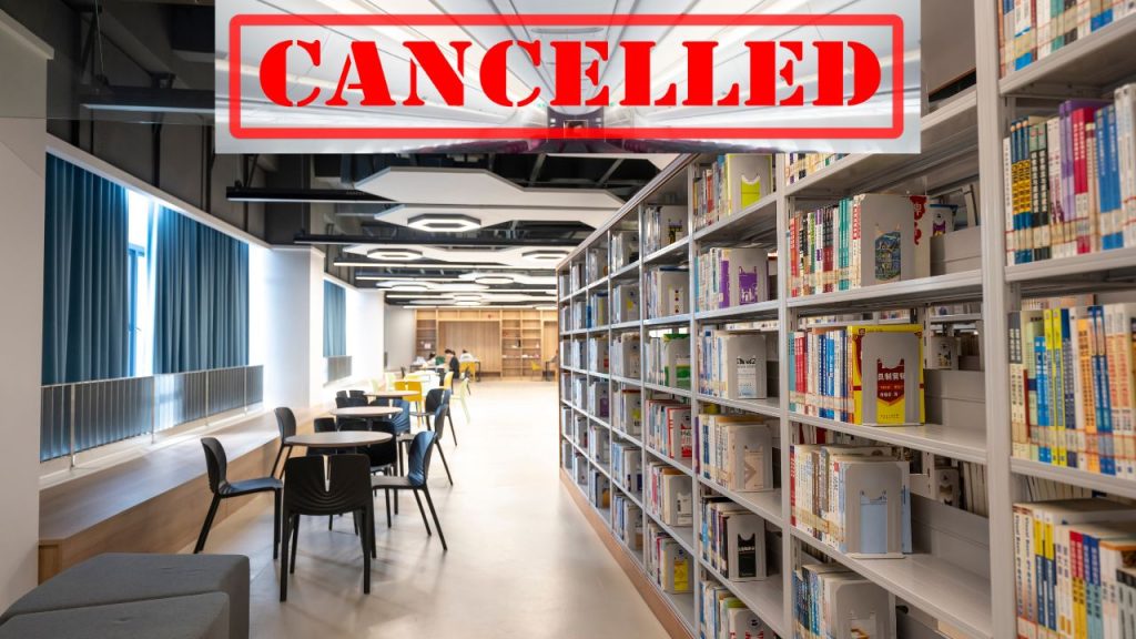 A library with white bookshelves has some empty spaces. There are tables and chairs near a window with blue curtains. At the top is the word "canceled" in red letters.
