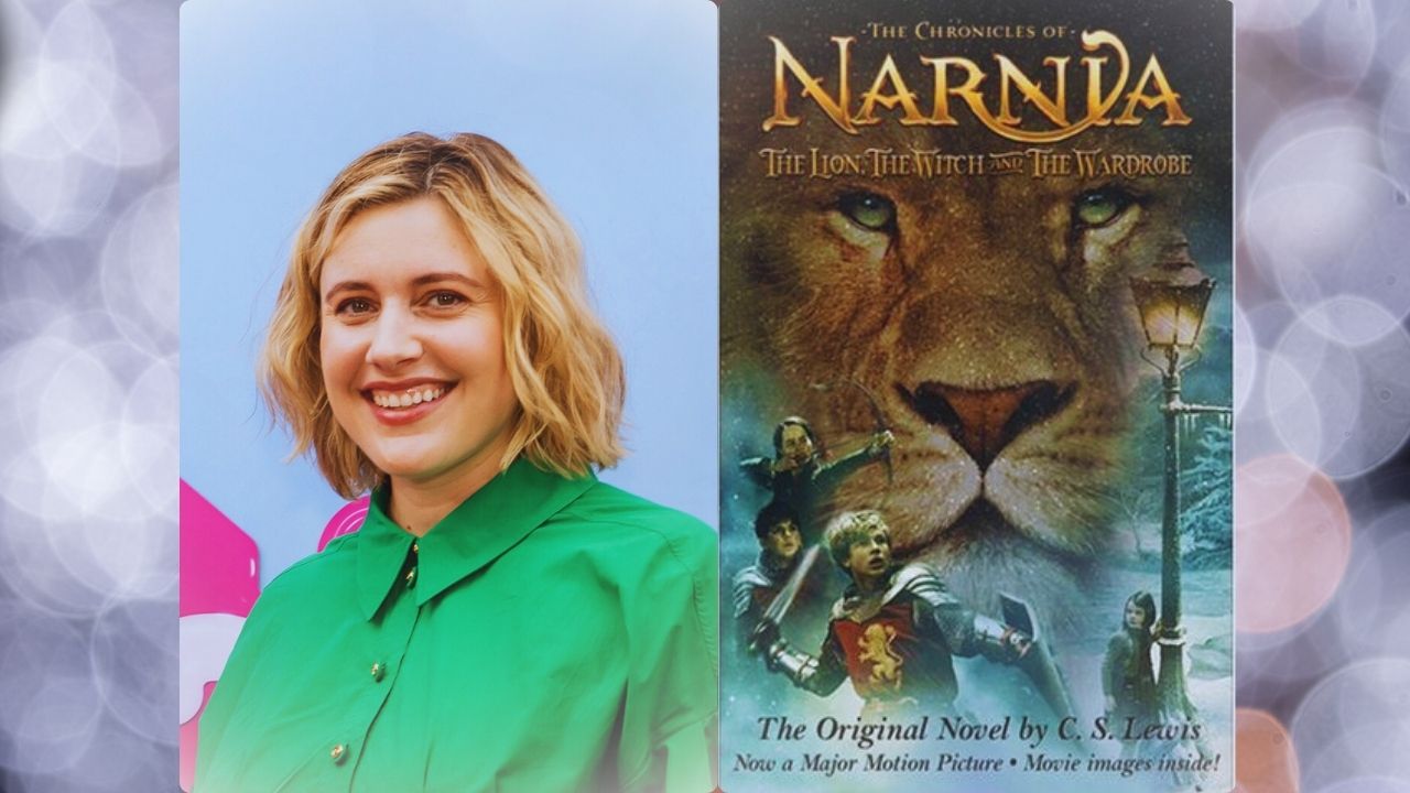 On the left is director Greta Gerwig dressed in green and standing against a light blue background. On the right is the poster for the Chronicles of Narnia: The Lion the Witch, and the Wardrobe. It has characters from the movie with the face of a lion taking up most of the poster space. The title is at the top in large, gold lettering Both are set against a grayish white and light pink shimmery background.