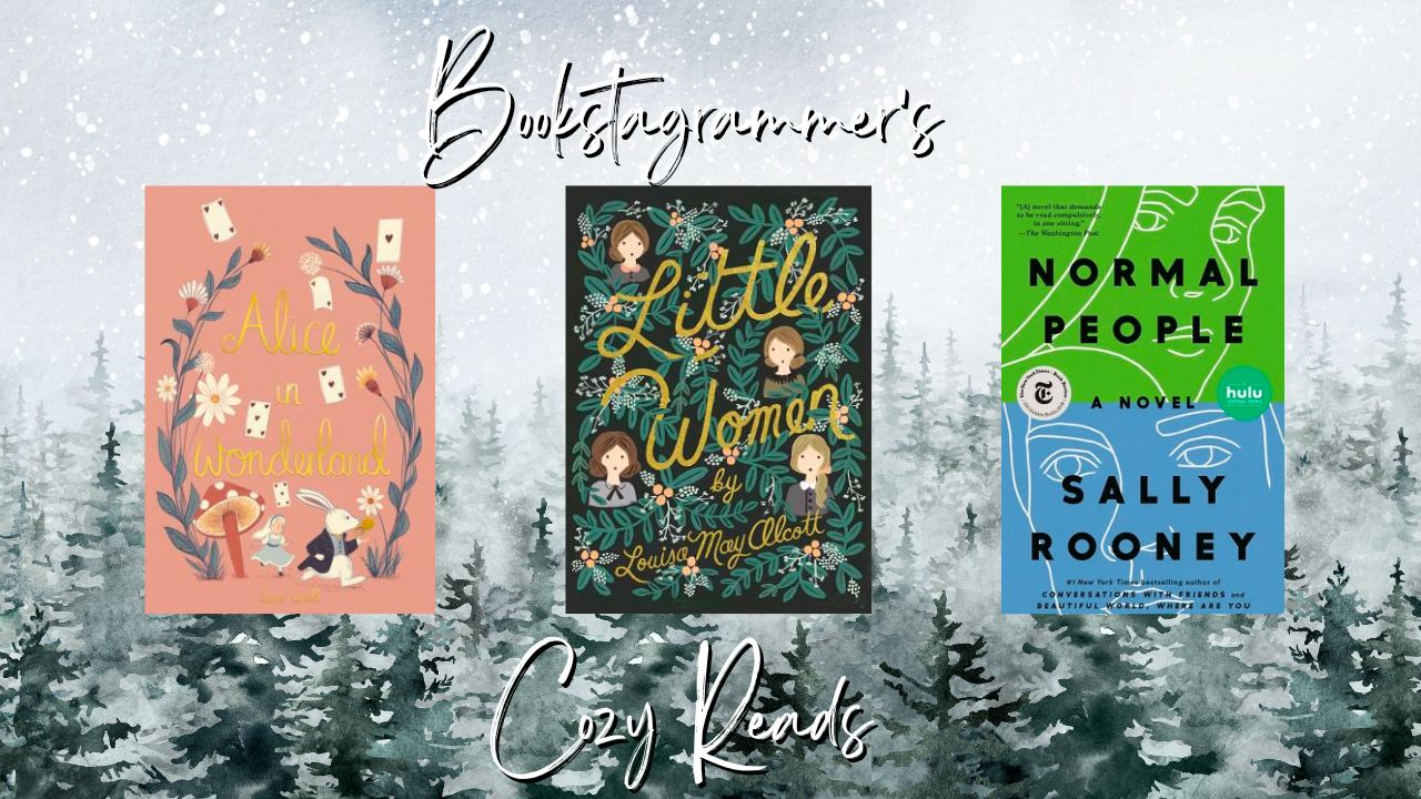A winter background landscape featuring the covers of Alice in Wonderland, Little Women and Normal People