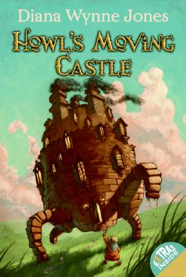 "Howl's Moving Castle" in yellow text typed against a bluish-green sky as a castle moves across a green pasture while a figure attempts to stop the structure.