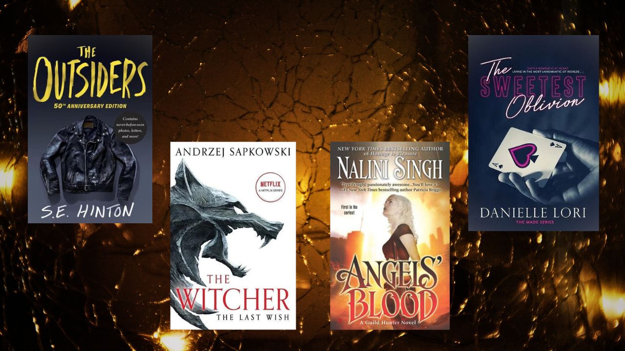 Four books, The Outsiders, The Witcher, Angels' Blood, and The Sweetest Oblivion, set against an omniously dark orange background with yellow lights shining brightly.
