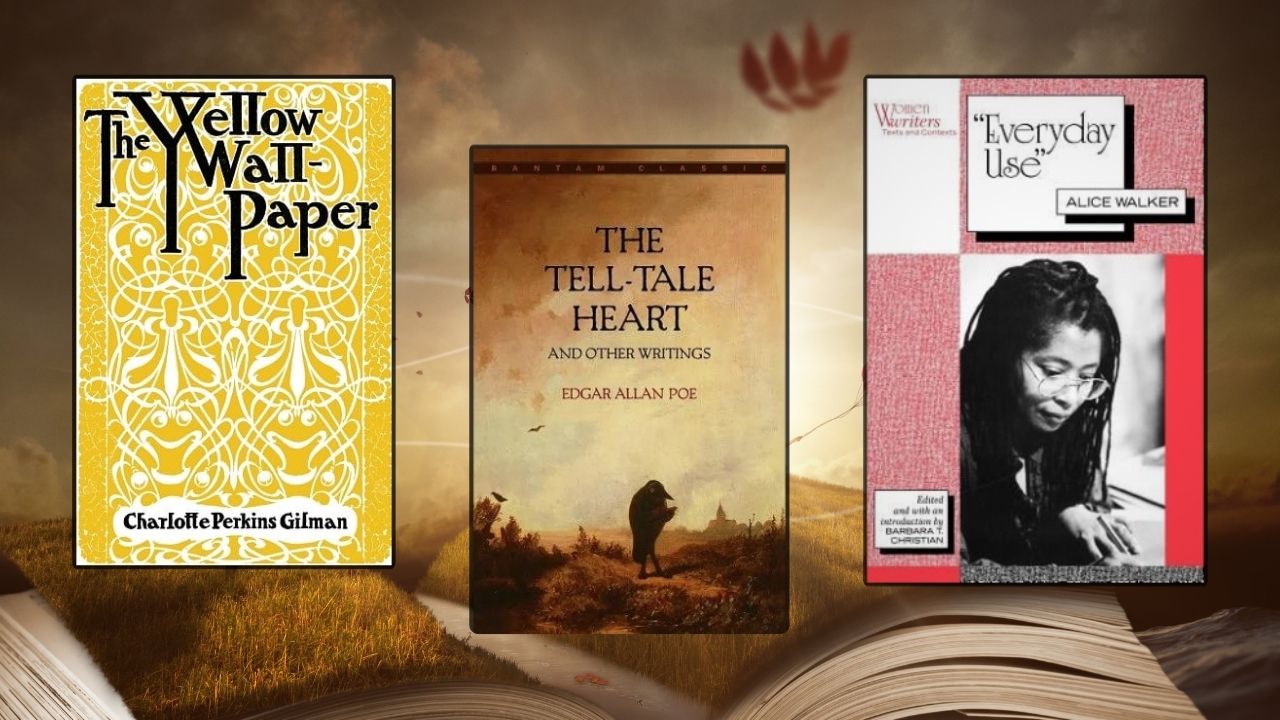 Three book covers from "The Yellow Wallpaper," "Everyday Use," and "The Tell-Tale Heart" sit against a dark beige-brown background. They sit on top of a book. There are scatterings of foliage at the bottom, and a red leaf floating in the sky.