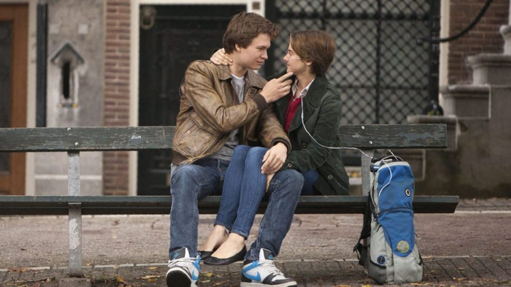 The Fault In Our Stars movie scene. Hazel and Augustus sitting on a bench in Amsterdam.