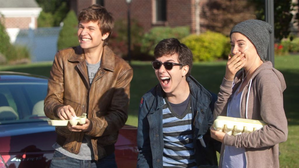 The Fault In Our Stars movie scene. Augustus, Hazel, and Isacc throwing eggs.