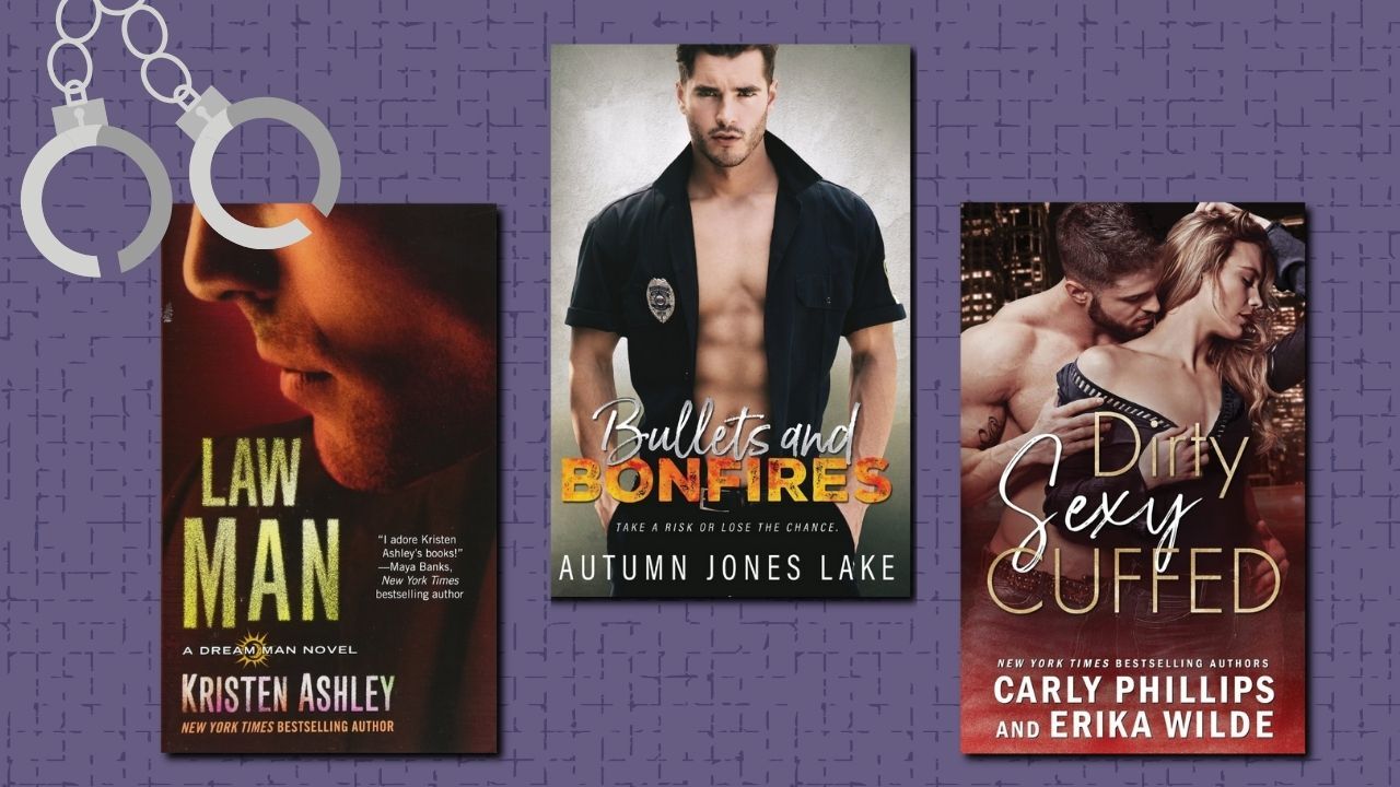 Law Man cover by Kristen Ashley, Bullets and Bonfires cover by Autumn Jones Lake, and Dirty Sexy Cuffed cover by Carly Phillips and Erika Wilde on a purple background with handcuffs.