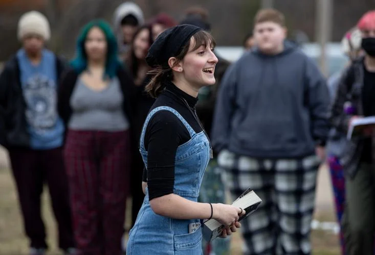Female student amid a walkout in protest of book bands