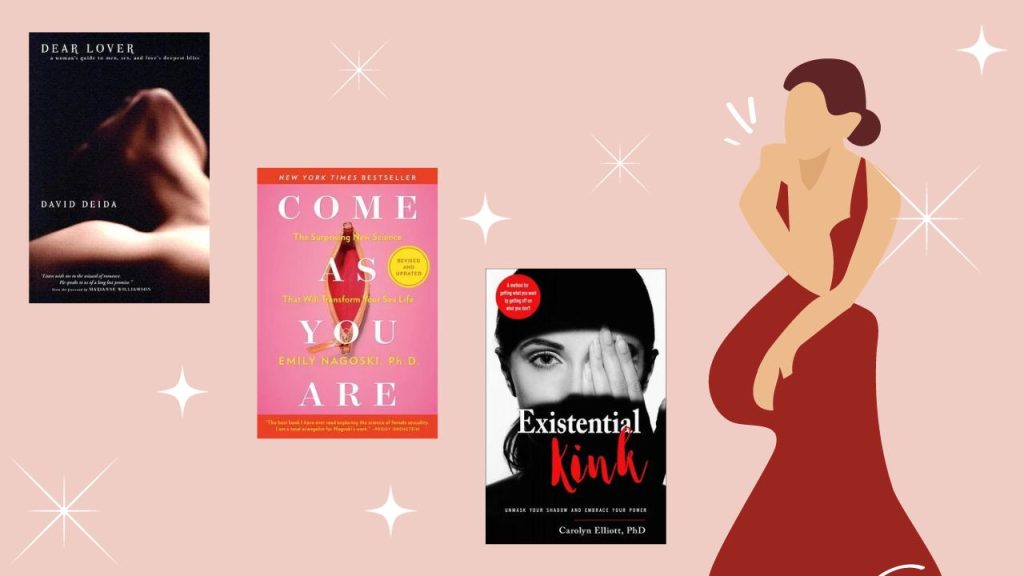 three book covers on a pink background with a drawing of a woman in a red evening dress to the side