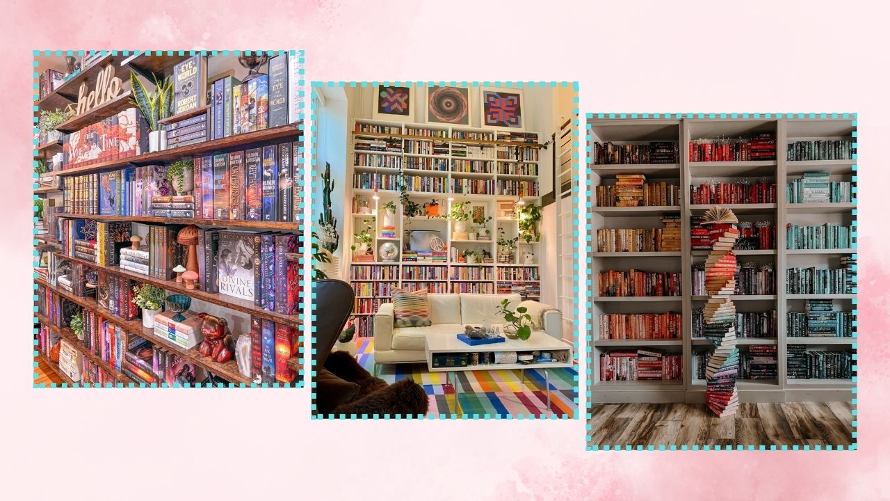 Three colorful bookshelves in front of a pink background.