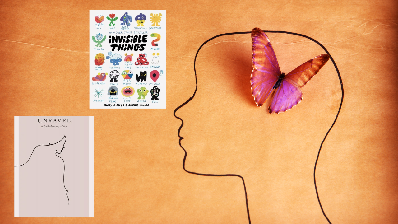 Image of two book covers, one being Invisible Things and the other is Unravel. Both covers are next to a drawn out face with a butterfly on the head.
