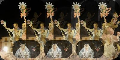 A man holding a flower staff sits on top of an indistinct creature in pink. A larger flower staff towers above his head. The man and flower staff repeats several times. Below the man are two characters with white and black horns. One is wearing white; the other is wearing black. They both look monstrous in nature. They are set against a dark background with few shimmers around them. The monsters also repeat three times.