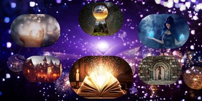 A colorful background resembling the universe has large and small white shimmers resembling stars. Circles with various images of a town, a lit-up book, a keyhole, a library, and a hooded woman wearing a cloak sit in the foreground.