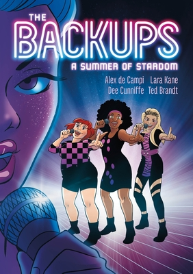"The Backups" in a purple-blue gradient neon text against a blue and purple gradient background. A close-up purple face is to the left holding a microphone. A plus-sized woman, a Black woman, and a white woman in black and purple outfits hold microphones while holding their fingers in a "L" shape at the viewer.