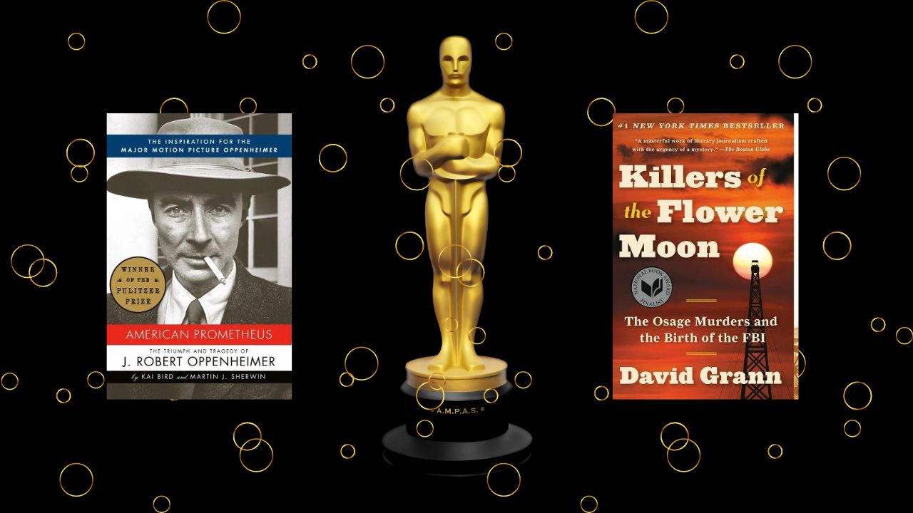 oscar statuette and two book covers on a black background with gold rings all around