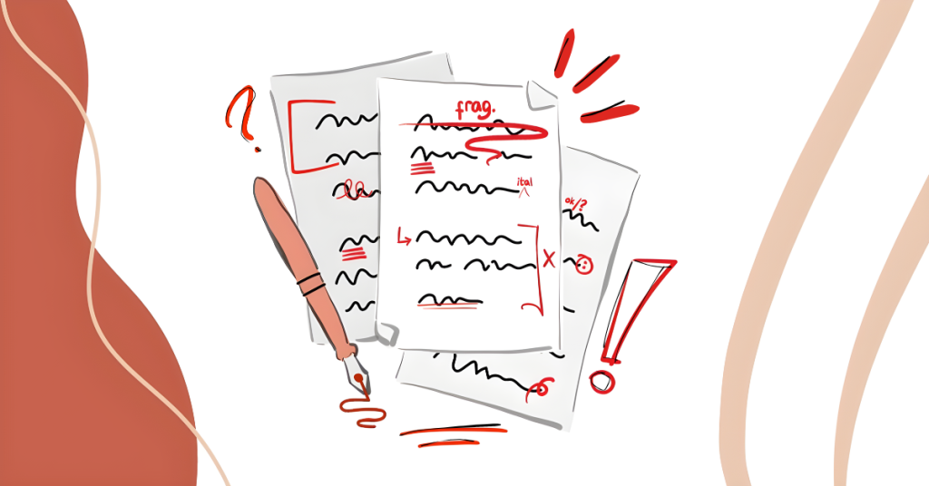 Illustration depicting written pages marked with red corrections.