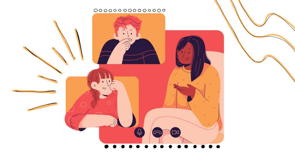 Illustration portraying two women and a man networking with each other.