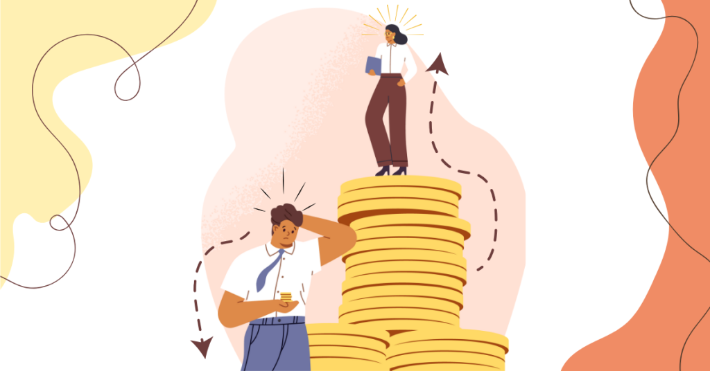 Illustration showing a triumphant woman standing atop a pile of coins, while a man below her holds a smaller amount of money.