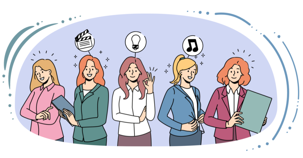 An illustration depicting five professional women with distinct talents in areas like music, film, and creativity.