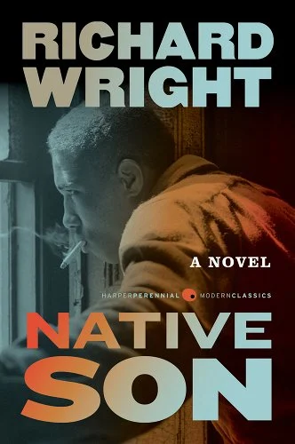 Book cover of Native Son by Richard Wright which features a man in an orange shirt smoking a cigarette while looking out a window. His face and the window are both greyed out.