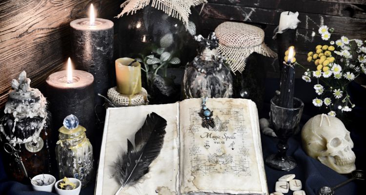 table of black and white witch craft candles, grimoire, and other things