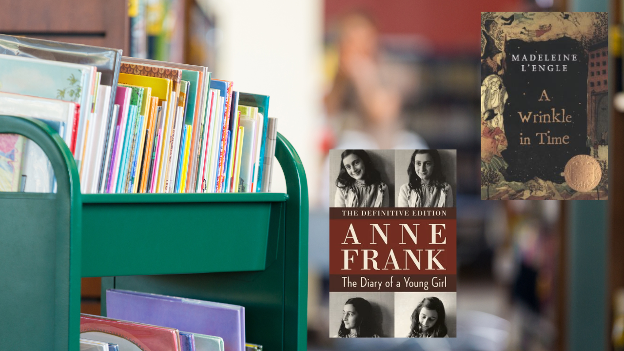 Image of a library with front Covers of Anne Frank and A Wrinkle in Time