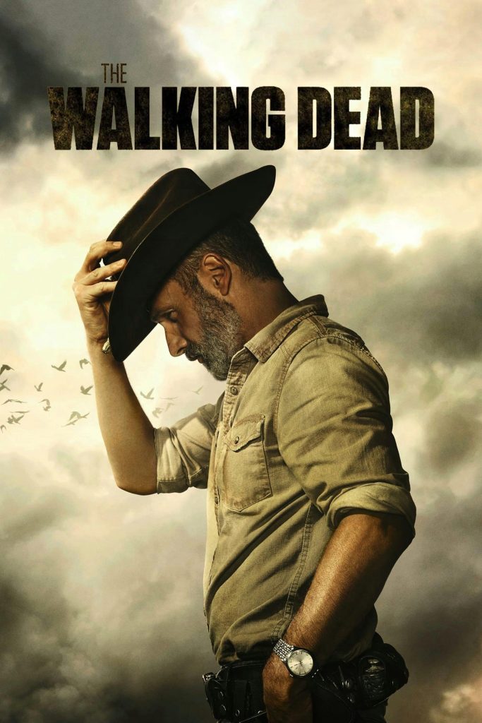 The Walking Dead poster, Rick wearing his deputy uniform and looking down as a flock of white birds flies across a stormy sky behind him.