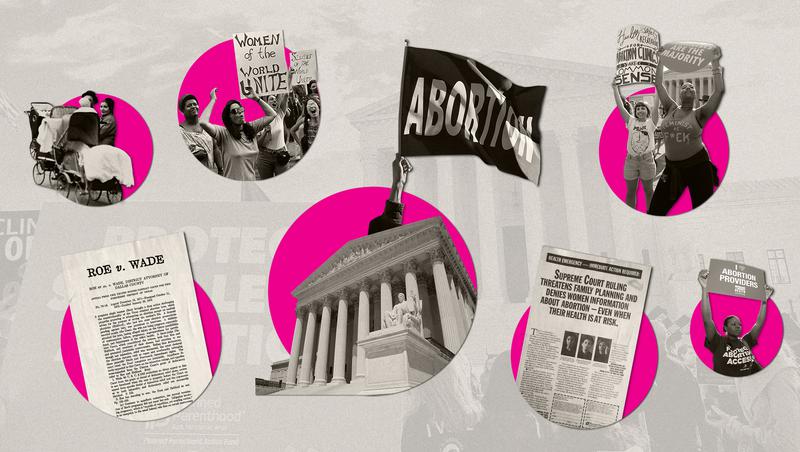 An abstract timeline with images of abortion laws in the U.S.