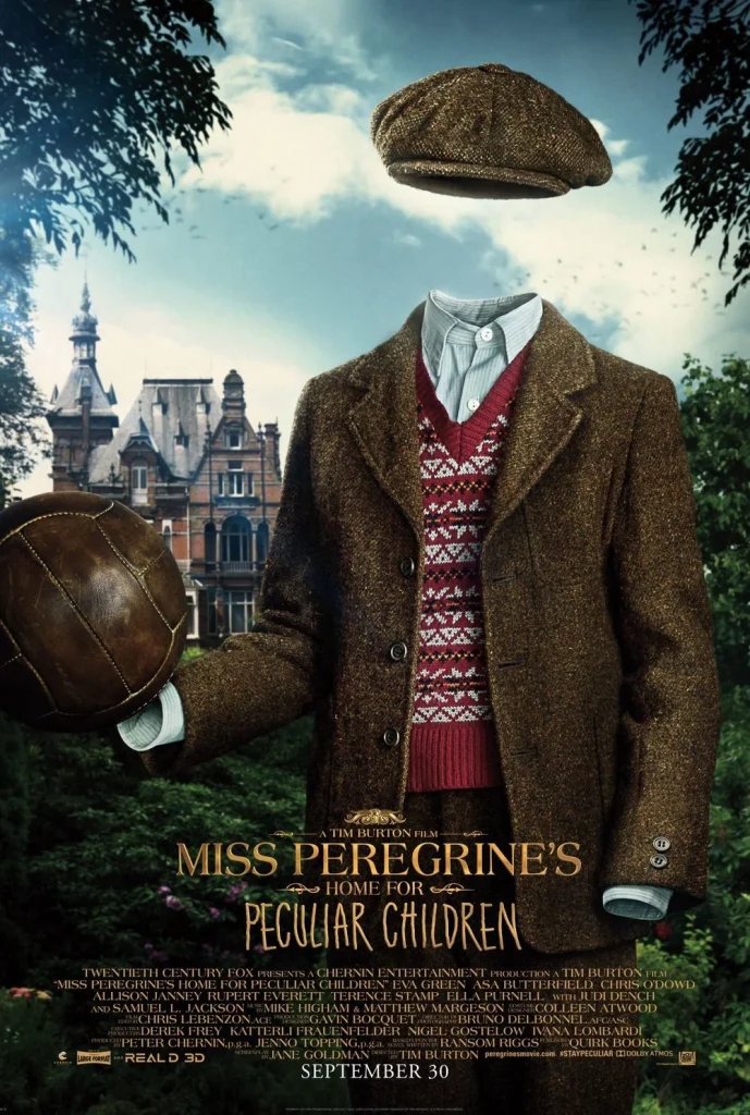 Millard, from the movie of Miss Peregrine's, holding a ball and wearing a brown wool coat and hat. 