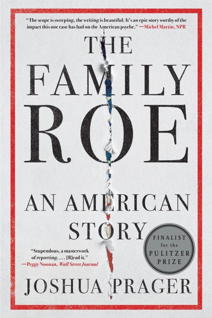 'The Family Roe: An American Story' by Joshua Pager book cover with a white background and red rectangle and white, blue, and white thread through the middle.