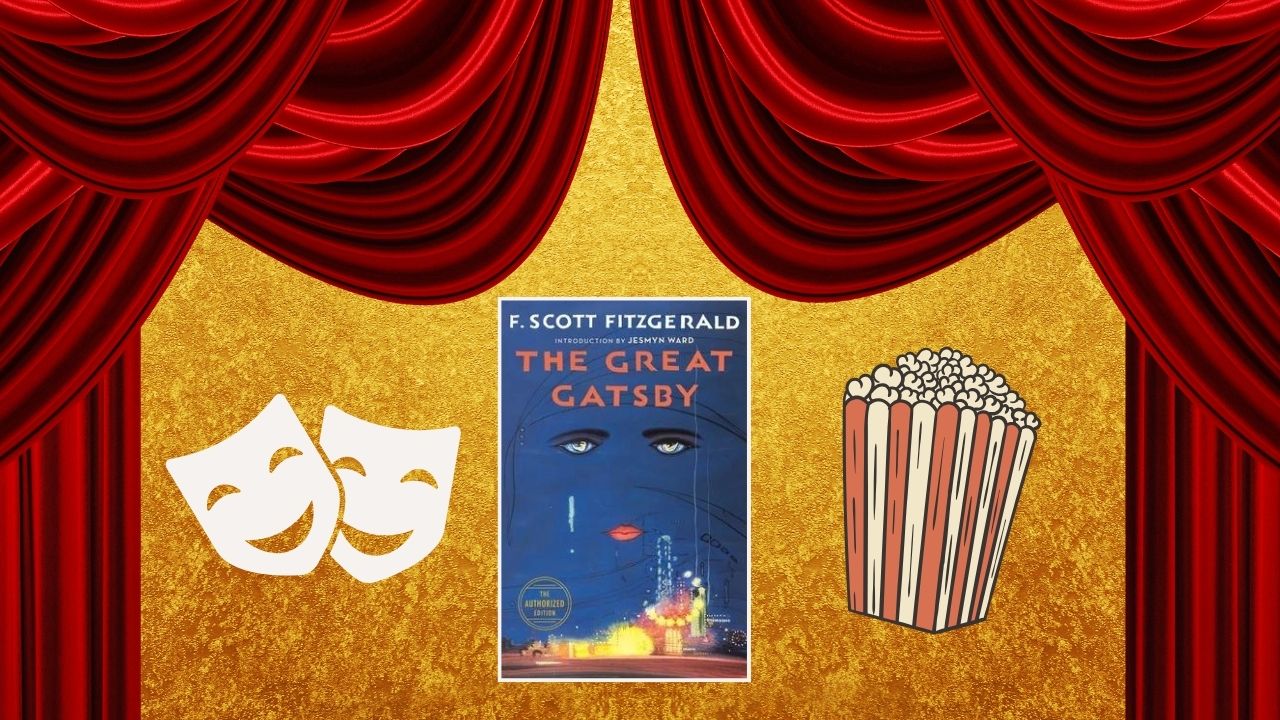 The Great Gatsby cover by F. Scott Fitzgerald on a stage with red curtains surrounded by drama masks and popcorn.