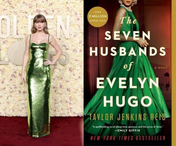 Taylor Swift in a green gown next to the cover a book.