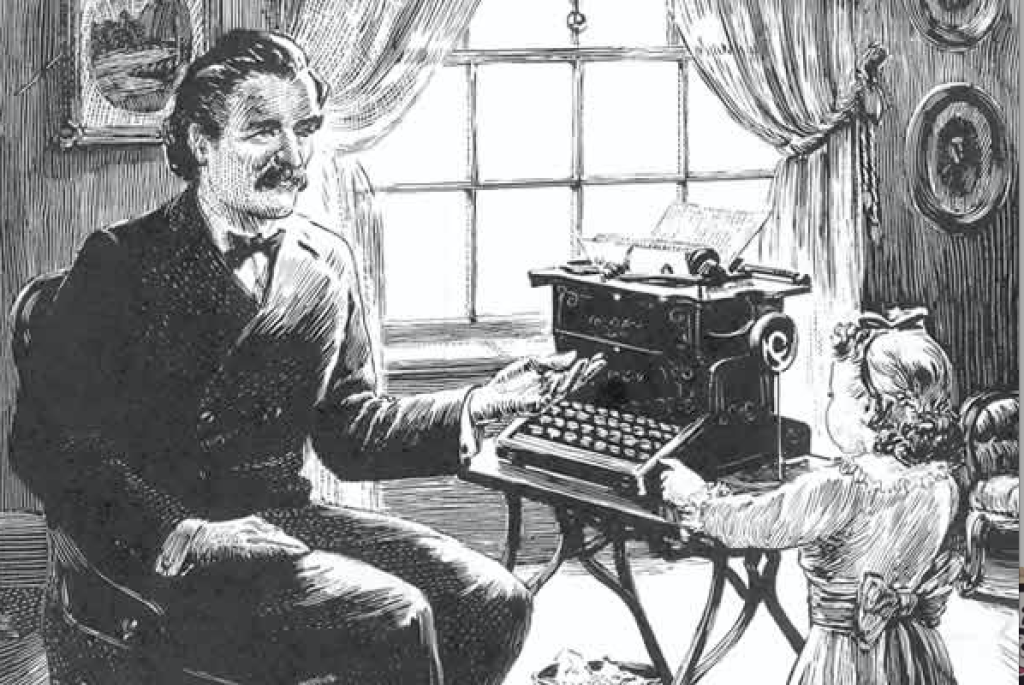 Drawing of Mark Twain with typewriter.