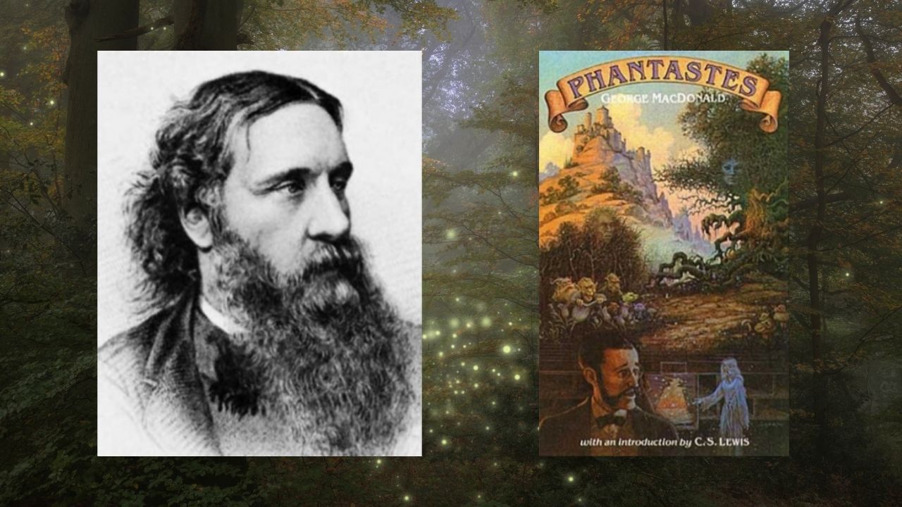 A portrait of George MacDonald side by side with the book cover for his book "Phantastes."