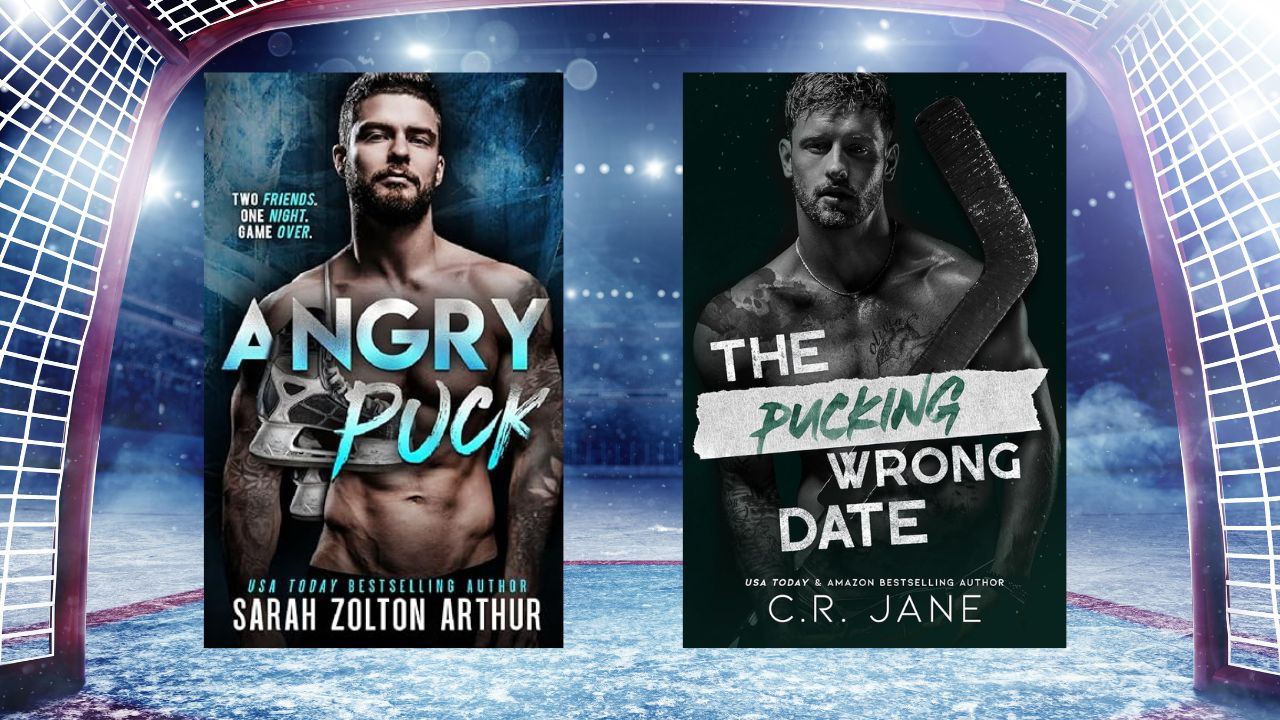 two hockey romance book covers on a hockey net background
