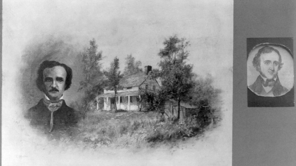 Drawing of Edgar allan poe and a cottage 