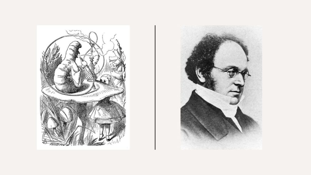 John Tenniel's illustration of the Caterpillar next to Augustus De Morgan's photo on a white background, separated by a black line.