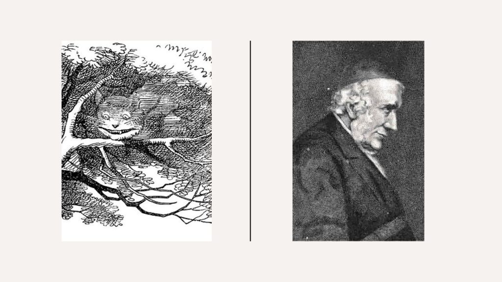 John Tenniel's illustration of the Cheshire Cat next to Edward Pusey's photo on a white background, separated by a black line.
