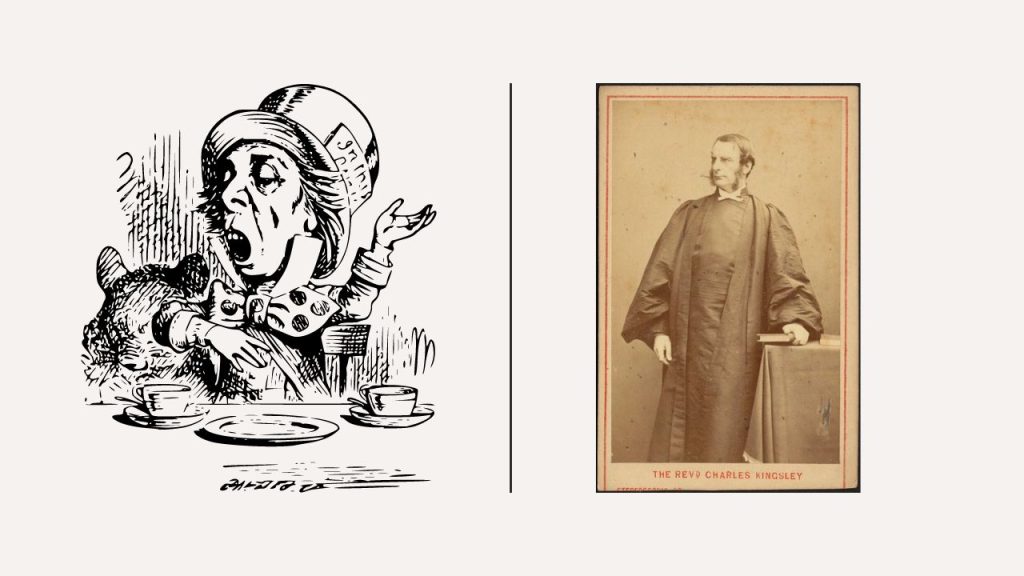 John Tenniel's illustration of the Mad Hatter next to Charles Kingsley's photo on a white background, separated by a black line.
